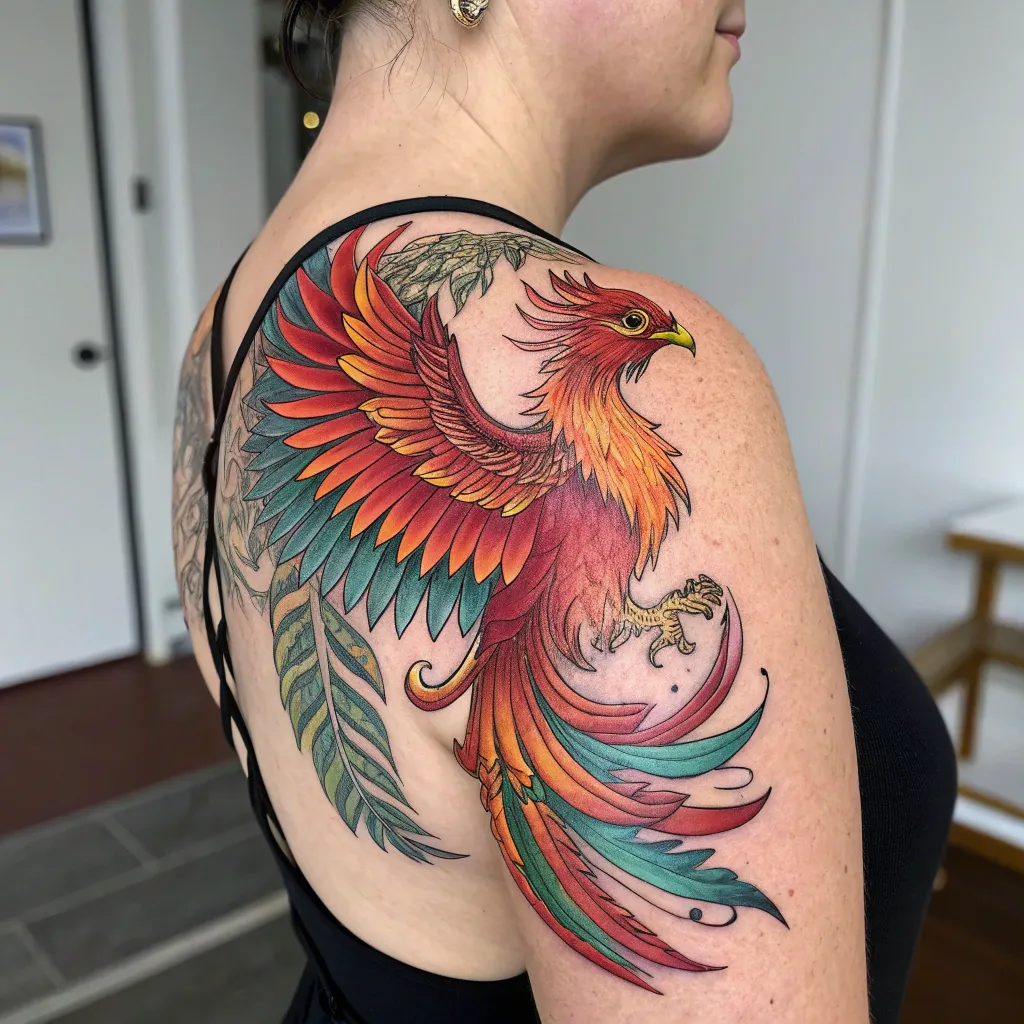 A vibrant phoenix tattoo illustrating strength and renewal on client's shoulder