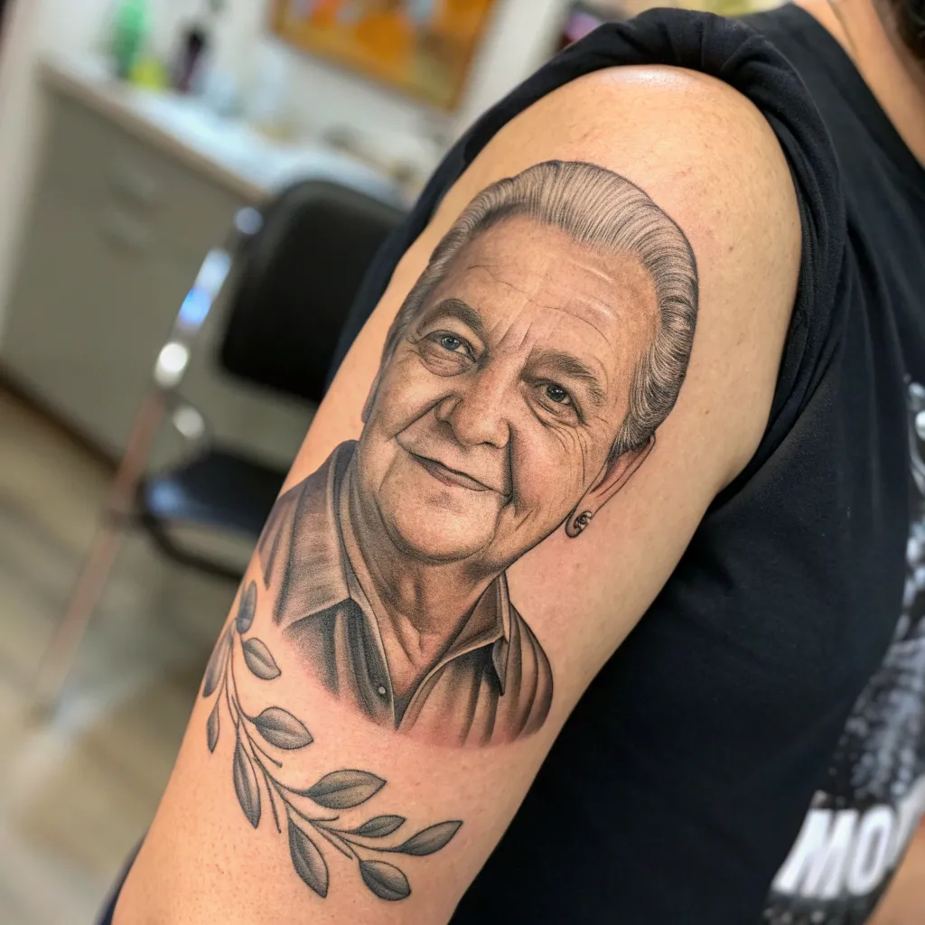 A portrait tattoo on client's arm to honor a late family member