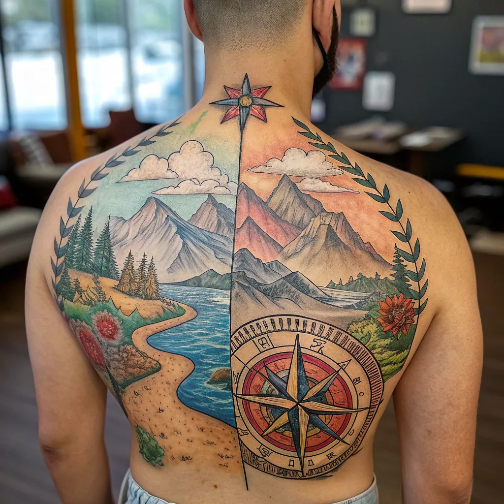A colorful mural tattoo on a client's back symbolizing life journey