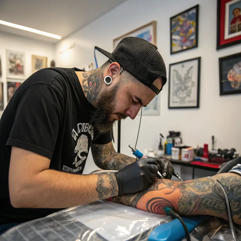 Tattoo artist working with passion